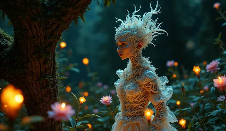 foreground:1.5, (tangled, Fractal, grid), (surreal Fractal art:1.3), ( Mechanical bioluminescent elf princess beautiful elf dress looking out from behind a tree:1.8), Look carefully and somewhat anxiously at the camera, ( Very detailed , 8k, beautiful epic...