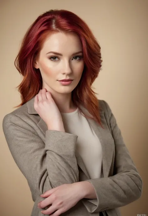 Beautiful red haired woman, wearing autumn-style clothes of soft studio lighting against a matchingbackground in a classical portrait style. The photography is photorealistic, with sharp focus and highly detailed in high resolution.It is an editorial photo...