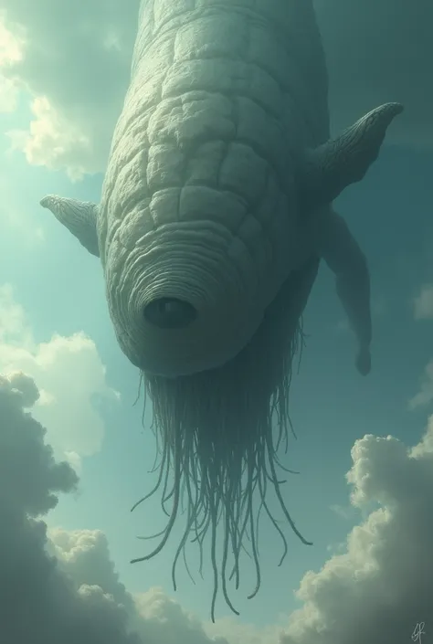 A huge being among the clouds has wrinkled human skin and a whale-like silhouette is upside down and you can only see one eye from a single angle, it has like several connections that go to the ground.