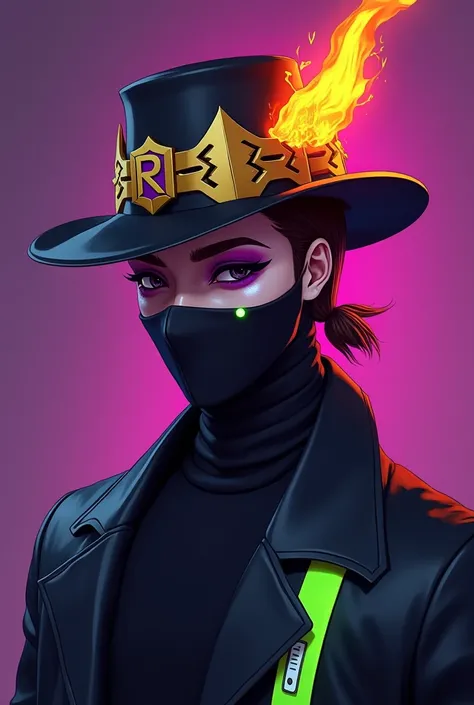  Male character game Free Fire,  BLACK HAT COMING OUT ON FIRE WITH A R IN THE MIDDLE WITH A CROWN, PURPLE MAKEUP LIKE RAY ,  BLACK MASK WITH DOT ON THE NOSE ,  BLACK HIGH-NECK SHIRT WITH GREEN LINE WITH WHITE HANDLE 