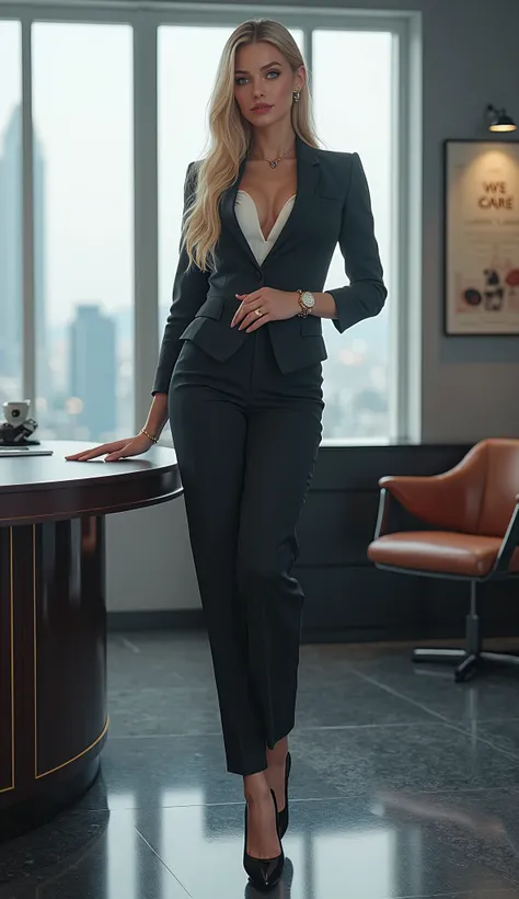 Setting: A sleek, modern office environment with floor-to-ceiling windows that offer a view of a bustling cityscape. The decor is minimalist yet luxurious, featuring elegant furniture and tasteful artwork.

Character Description:

Pose: Aurora stands confi...