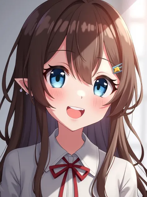  is one girl, unique, long hair,  looks at the viewer , blush, I smile,  blue eyes , brown hair,  with a camera lens that is 70% wide, ear rings, open lips, tongue, Teeth,  hair clip,  sharp ears ,  back reflection, 