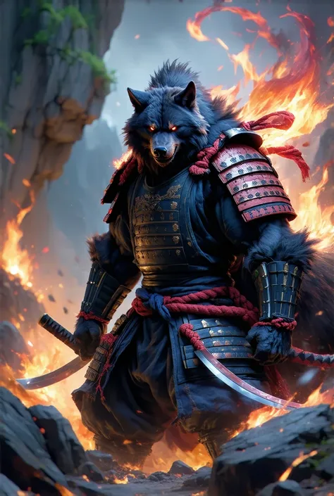 A very majestic werewolf samurai, with a strong appearance, with very large muscles and a large size, wearing a samurai hat, an angry ninja staring at the camera, red shadows coming out of his eyes, flames in a rocky place, a  the power of shadows, adapted...