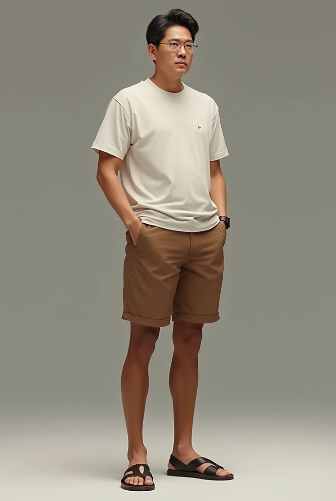 Korean male in his 40s wearing coffee colored pantyhose, shorts , sandals,  short sleeve t-shirt