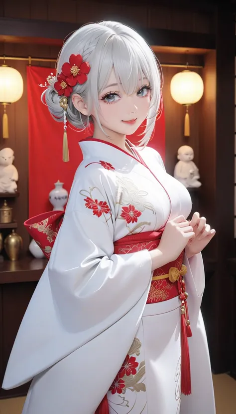 1 Japanese beautiful girl with silvery white hair in an intricate asymmetrical updo. The back of her hair is bunched high and short with the ends fanning out. The left side of her hair frames her face with long, loose strands, while the right side of her h...