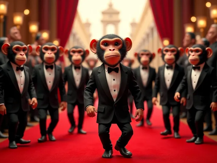 Monkeys dressed in an elegant outfit entering the red carpet