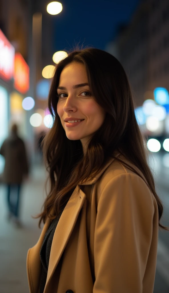 A pleasant 35-year-old woman with straight dark hair, wearing a beige coat, standing on a city street at night.