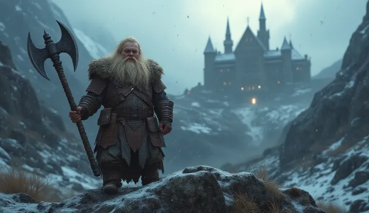 A weak recruit is a blond Dwarf with an axe in leather armor. The dwarf is short. It is located high in the mountains against the backdrop of a fortress. snowstorm. Dark fantasy. the atmosphere is gloomy.