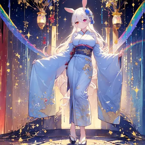 Hand Repair,Foot repair,masterpiece,8k,(((( 1 girl)))), beautiful girl,City Background,((((full body shot,very wide shot,Rabbit Ears,Im hiding my ears with my hair)))),(((Perfect white hair, long hair))), (((((Highlight Eyes, rainbow heterochromia, Golden ...