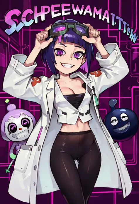 quirky petite young asian scientist, 1girl, solo, cute face, exuberant smile, crazy grin, deep cleavage, nip-slip, blunt bangs, angled bangs haircut, lab goggles, petite, skinny, violet streaks in black glossy hair, genki-girl, happy manic smile, oversized...