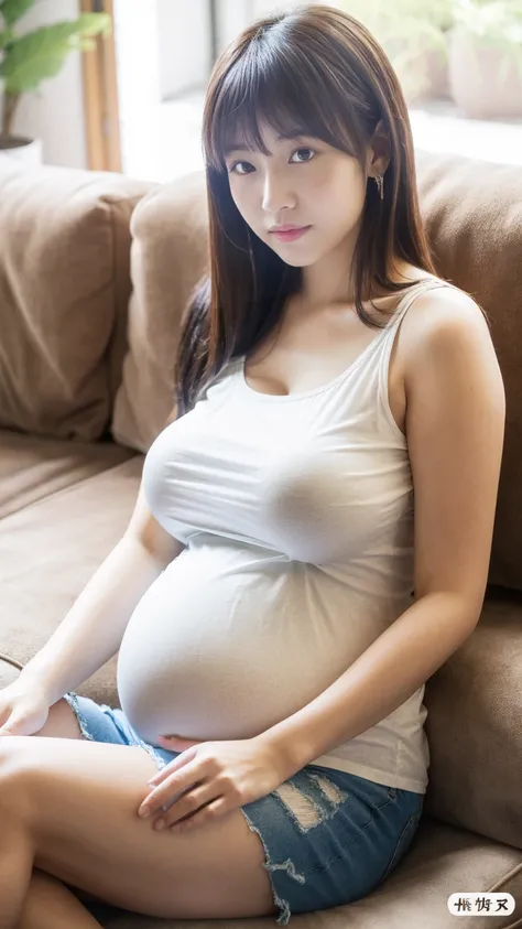 masutepiece, Best Quality, 8K,looking at the viewer,Japanese Lady,20 years old ,huge-breast, huge pregnant, Voluptuous, light color short T shirt and miniskirt, long sitting on the couch in the living room