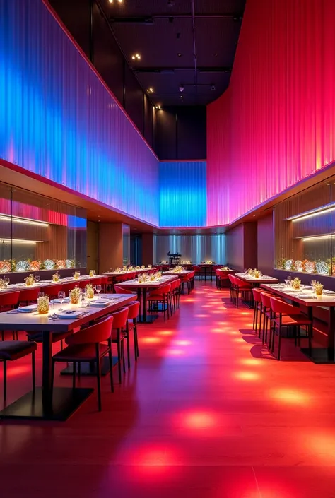 Create a modern and elegant Omakase restaurant for 20 people ,  with glass illuminated with RGB lights that change color forming gradients 