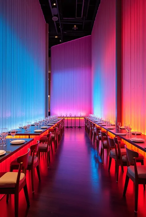 Create a modern and elegant Omakase restaurant for 20 people ,  with glass illuminated with RGB lights that change color forming gradients 