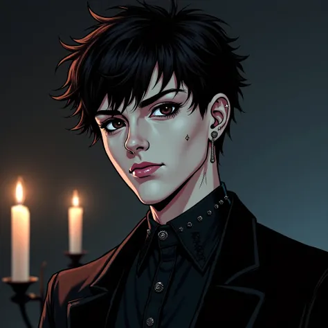 Create an image in a comic book style of a portrait of Kenneth, a young man with a striking gothic aesthetic. He has pale skin and intense black eyes accentuated with dramatic black eyeliner. His dark brown hair is slightly tousled and frames his face, add...