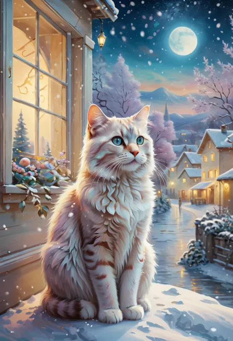 (( A masterpiece in 16K resolution ):1.6), (( complex ):1.4), ((crazy details):1.4),(( top quality ):1.3),(( Soft color 4K HD Digital art ):1.3).A Winters Tale - a holographic elegant stretching shining kitty with a curved back. Winter, Snow, A village can...