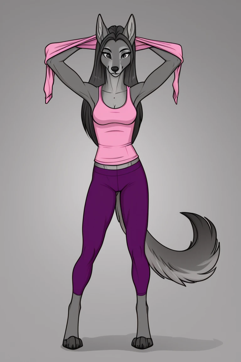  anthropomorphic female greyhound , Gray furr,  long  hair of dark gray color , FITNESS,  hourglass figure , dark gray tail ,  shorter than the length of her legs, feet like paws ,  digitized posture, dressing, bright pink tank top ,   purple yoga pants, s...