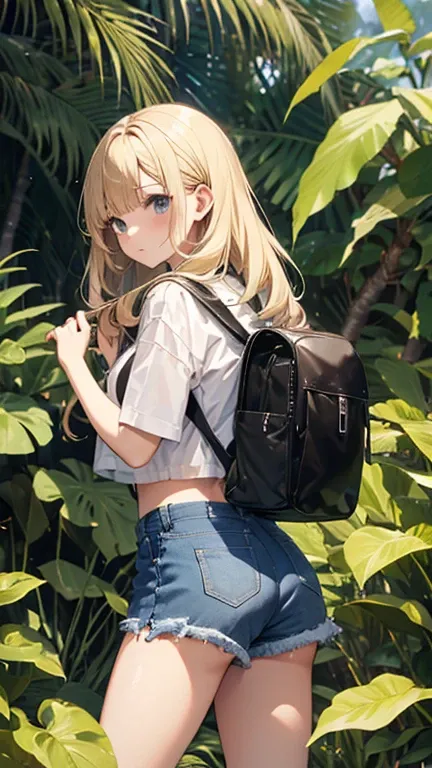 Beautiful Girl Exploring the Jungle 、Medium-long blonde hair、Midriff-baring explorer outfit、 backpack、 shorts、whole body、 seen from afar