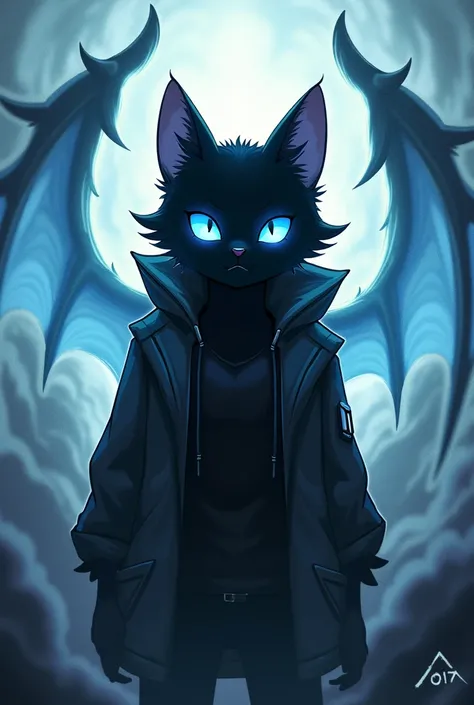  a black humanoid anime cat with a jacket similar to the wing of Sans from Undertale with blue eyes, That behind there is a creation of a bone cat that looks like a Gaster Blaster 