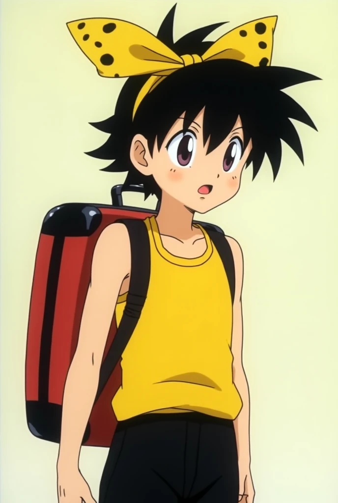 The character of Ryoga, black-haired boy with a yellow ribbon tied around his head with black spots, with a yellow sleeveless shirt and black pants, tired with his suitcase on his back. The 80s anime style that the Ranma 1 anime had/2.