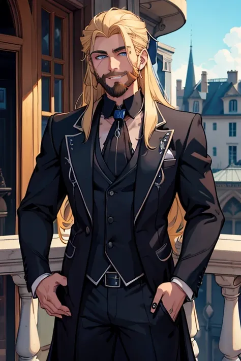 Perfect face. Perfect hands. A muscular blonde hair man with blue eyes and long hair and dark beard in a Goth suit is smiling while standing on a balcony outside of a Gothic ballroom