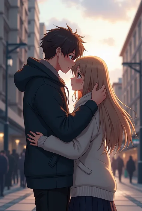 2D anime-style characters :

 girl  и парень,  after a long separation ,  parting voluntarily ,  but still loving each other deeply and unable to forget . } They meet unexpectedly on the street .  Both lose their hearts . Boy, emotion-filled ,  hugs the gi...