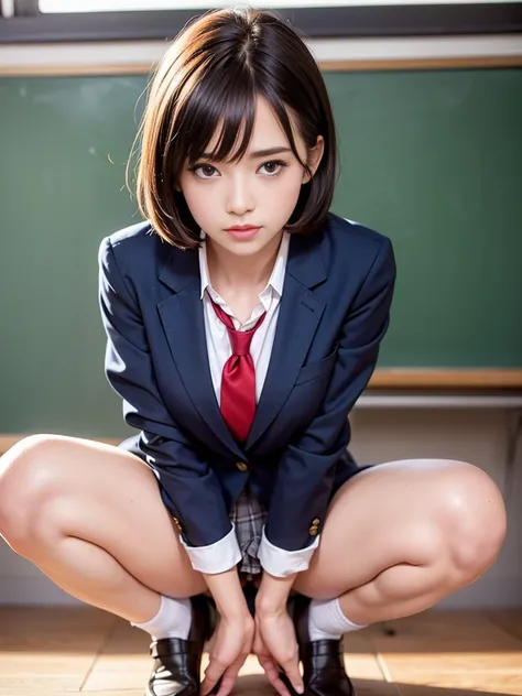 (School), (classroom,  blackboard ), (Get on the desk), 
(Completely naked), (stark-naked), ( full nude), ( blazer), (white long sleeve Y shirt ), ( red ribbon tie), 
( pleated skirt), (Navy blue socks), ( Brown Loafers ), ( high school girl), 
((( squats)...