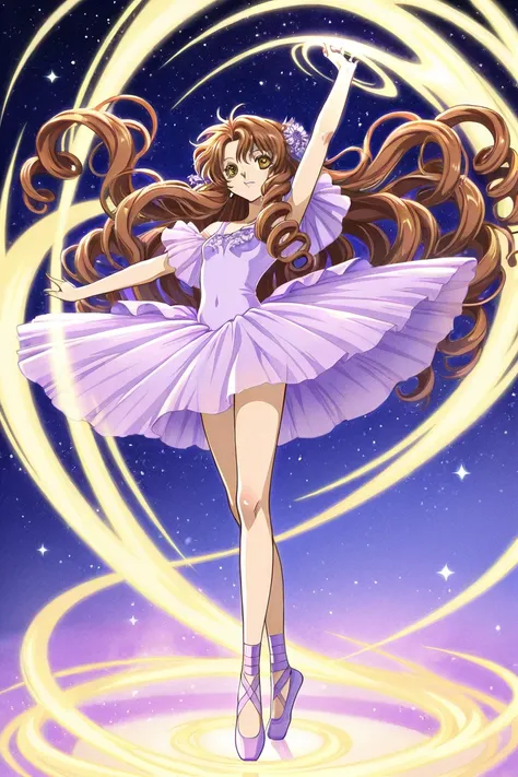 A woman that is a ballerina. She has really long curly brown haired with shiny golden eyes holding pastel purple ballet slippers. There is magic flowing and stars surrounding her. She is brave and smiling. CLAMP Tsubasa Chronicles drawing style.