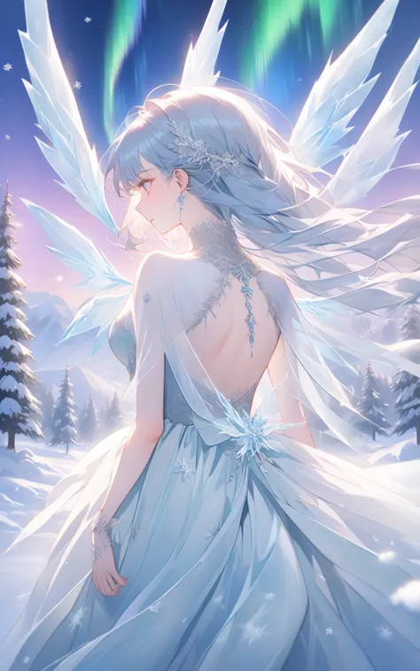 "The Ice Fairy
Prompt:
A delicate ice fairy dancing on a frozen lake surrounded by glittering snowflakes. Her translucent wings shimmer like frosted glass, and her outfit sparkles with icy patterns of snow and crystals. Her silvery-blue hair cascades down ...