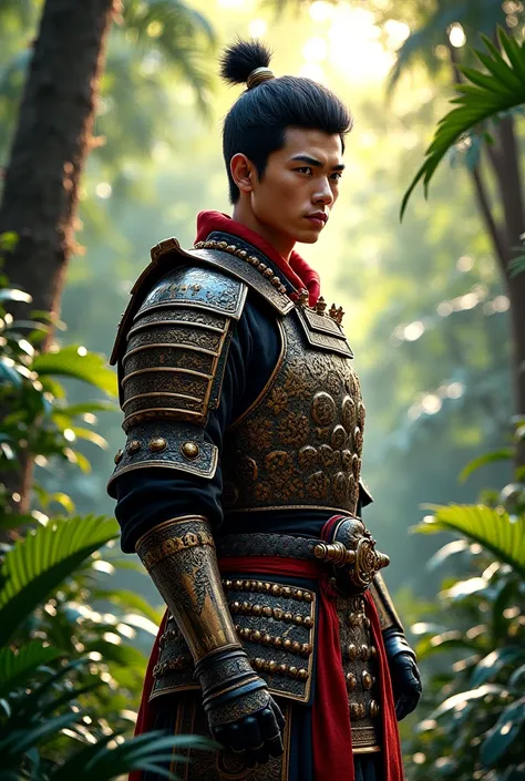 Young man japan ancient army with full japan armor, standing, looking front, half body shoot view, with jungle landscape