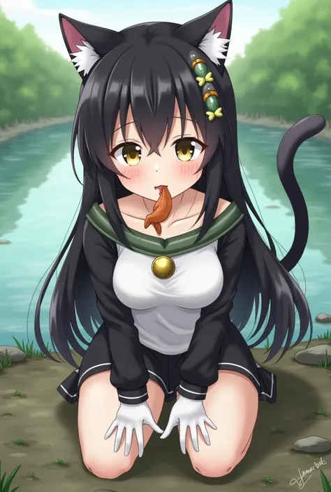 Anime woman cat ears, black white hair, long hair, yellow eyes, inside black eyes, attached to fish-shaped hair clips, put on a green collar with a cat bell, have a black cat tail, wear a black and white shirt, put on white gloves, fish in the mouth, sit b...