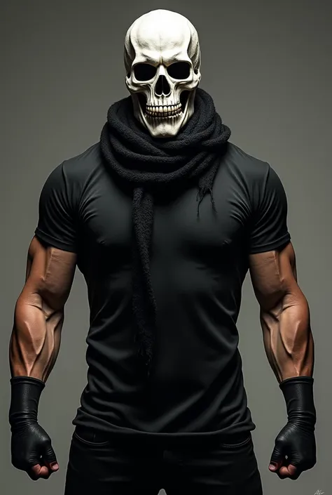 Wrestler wearing a skull mask wearing a black scarf without a mouth
 muscular man with black t-shirt