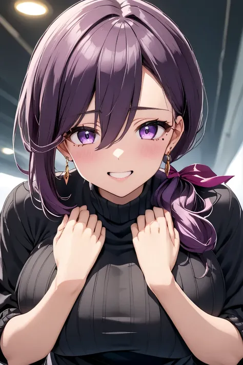 long hair, hair between eyes, bangs, purple hair, side ponytail, low ponytail, hair over shoulder, hair ribbon, purple eyes, mole under eyes, black sweater,    embarrassed,  mole, earrings,  ３０age，  facing forward ， beautiful，smile， opening mouth， big brea...