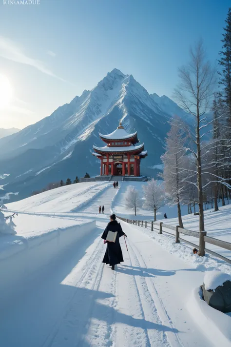 A serene winter scene featuring two ren, girl, Hanan and boy Hamdan, walking towards a majestic mosque nestled in snow-covered mountains. Both ren have dark black hair and are dressed in traditional attire, holding a book and a pen instead of prayer mats. ...