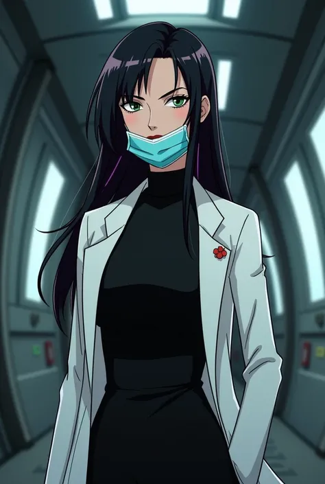 Animation style 
Long hair
Woman
Adult
Human
45 years old 
Evil eyes 
Evil smile 
Villain
Red lips
Light blue Surgical mask
Light blue mask
White coat
Dr. Anya Nox has black hair with dark purple streaks, piercing green eyes, and always dresses in an elega...