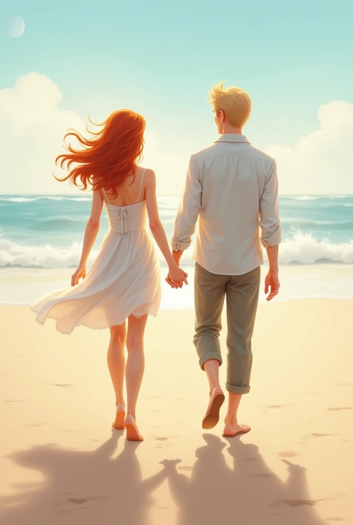 A couple walking on the beach ,  holding hands , backwards.  The girl has copper hair and the one has blonde hair,  both are white-skinned and tall .  Correct the hand error, that looks natural 