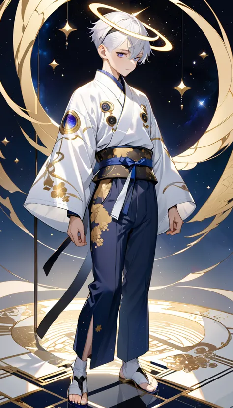 Fresh illustration,
Ultra-fine drawing,
Very delicate illustration,
Very fine details,
One boy,
Full body,
Standing motionless,
Both arms slightly bald,
Height 158cm,
Fair skin,
Right eye is purple,
Left eye is blue,
Odd eyes,
Heterochromie iris,
Beautiful...