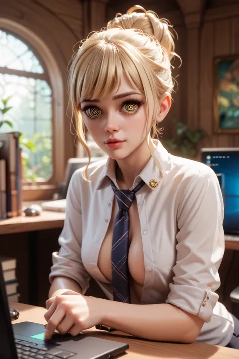  buttoned, Necktie, Beehive hairstyle ,  blonde hair , Lens reflection,  reflecting light ,  high resolution ,  masterpiece, Are in class at school and sitting at the computer, Spiral eyes, 