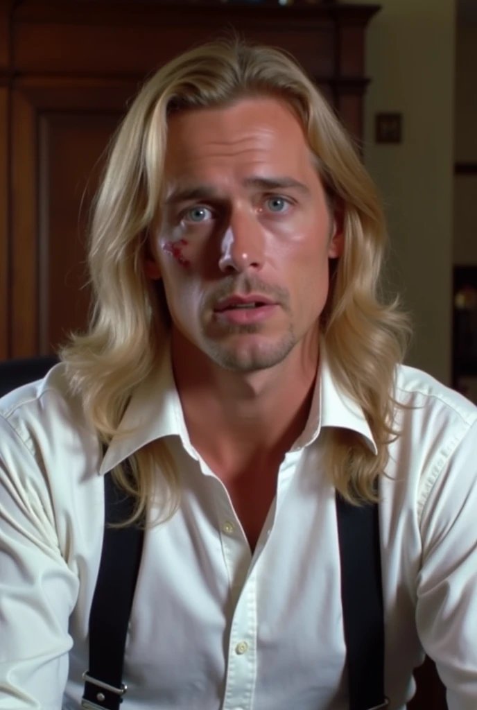 dvd cloth capture, from a 1982 movie ,Man with long blond hair, blue eyes with a burn on the left side of the face,  wearing white dress shirt and black suspenders in an office with wooden details at home. 