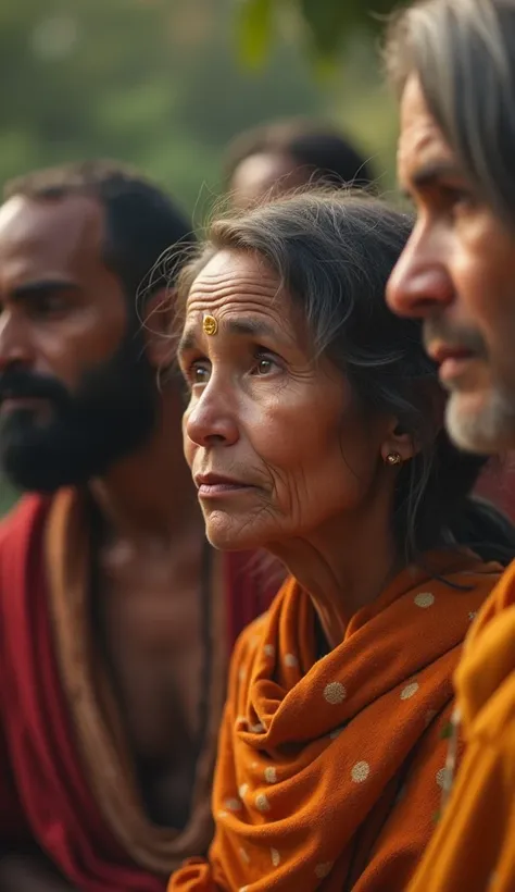 A Very Clear 4K Ultra HD Dynamic Image Of "Villagers of different ages and castes, reflecting deeply after hearing the story of the hermit and the courtesan, with expressions of understanding and a sense of change.