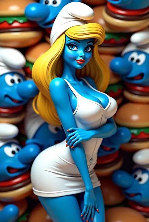 Smurfette, blonde,  white dress , sexy, pose ,  big breasts.  blue burgers