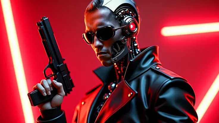 "A cybernetic humanoid with a muscular physique, wearing a black leather jacket and futuristic sunglasses, holding a sleek handgun. The scene is lit dramatically with red laser-like beams in the background, creating a neon cyberpunk vibe. Part of the chara...