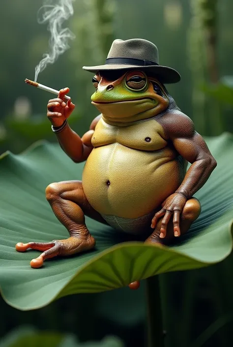 A frog wearing a hat with muscles smoking a cigarette sits on a leaf