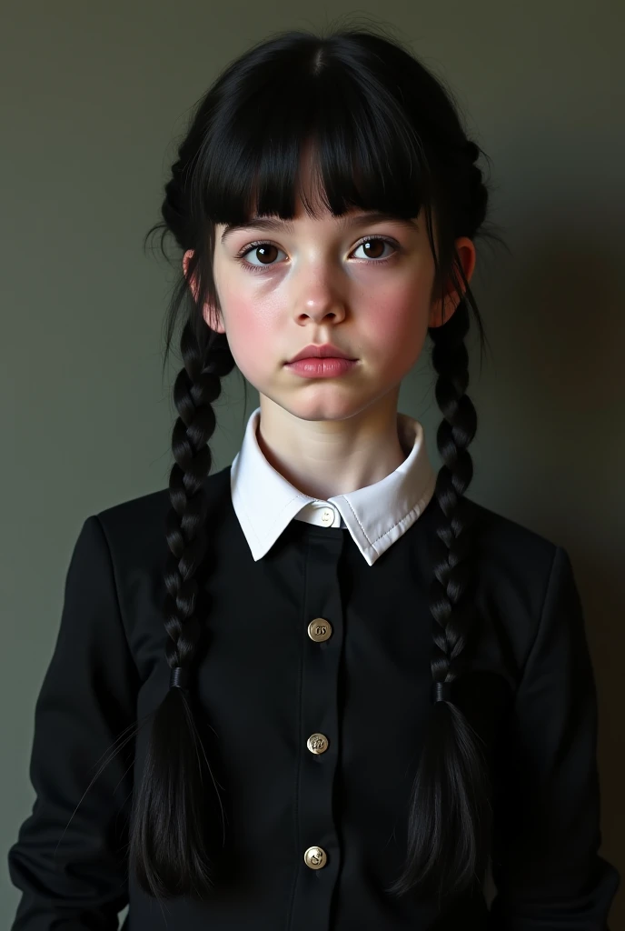 arafed woman with braids and a black dress with a white collar, wednesday addams, as wednesday addams, school girl in gothic dress, portrait of cute goth girl, with black pigtails, 1 7 - year - old goth girl, goth girl, portrait of a ominous girl, dreamy g...