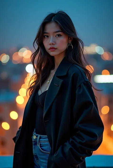 1 Girl, Fashionable Clothing,  slim fit jeans , oversized jacket, Fashion Accessories, (Realism detailed eyes, Natural texture, Confident expression ), Cityscape background, Rooftop or high-rise balcony, Dynamic composition,  charming posture,  Soft and ey...