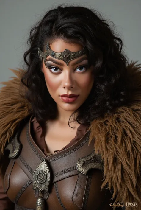  Realistic image of the face of the first image and torso of a Viking woman with dark eyes and dark curly hair, wearing feather armor and traditional Viking crown makeup from the second image 