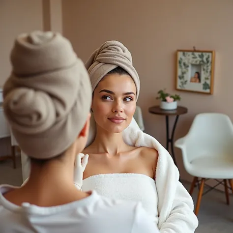 Uma mulher está sentada em onea maca confortável em onea clínica de estética moderna e bem iloneinada. Ela veste onea toalha branca que cobre seu corpo,  leaving the shoulders exposed . Sua expressão facial reflete onea sensação de relaxamento misturada co...