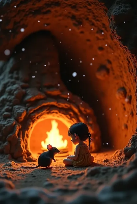 A tiny girl is sitting in front of a fireplace in an earthen mouse hole, its snowing outside. A girl in a summer dress with her hair down. Next to it is a big mouse, the size of a girl. The mink is filled with warm light from the fireplace. This scene crea...