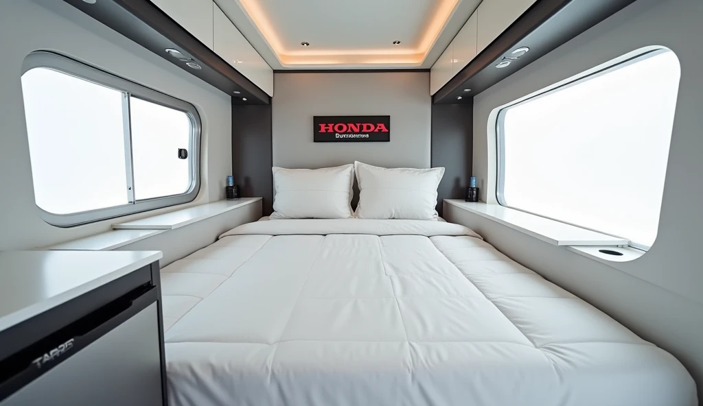 White showroom white&colour "2025 Honda motorhome 6x6 black interior view with Honda logo on bed and kitchen view full details