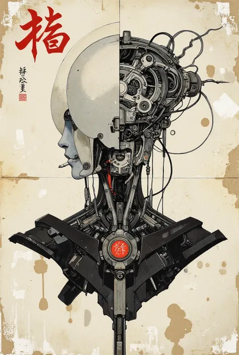 Drawing, portrait of a faceless cyborg with mechanical parts and cables, intricate details, Chinese ink and watercolor technique on rice paper, water stains, monochrome, Japanese letters in red.