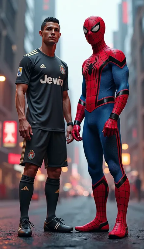 Cristiano Ronaldo and Spiderman standing side by side.